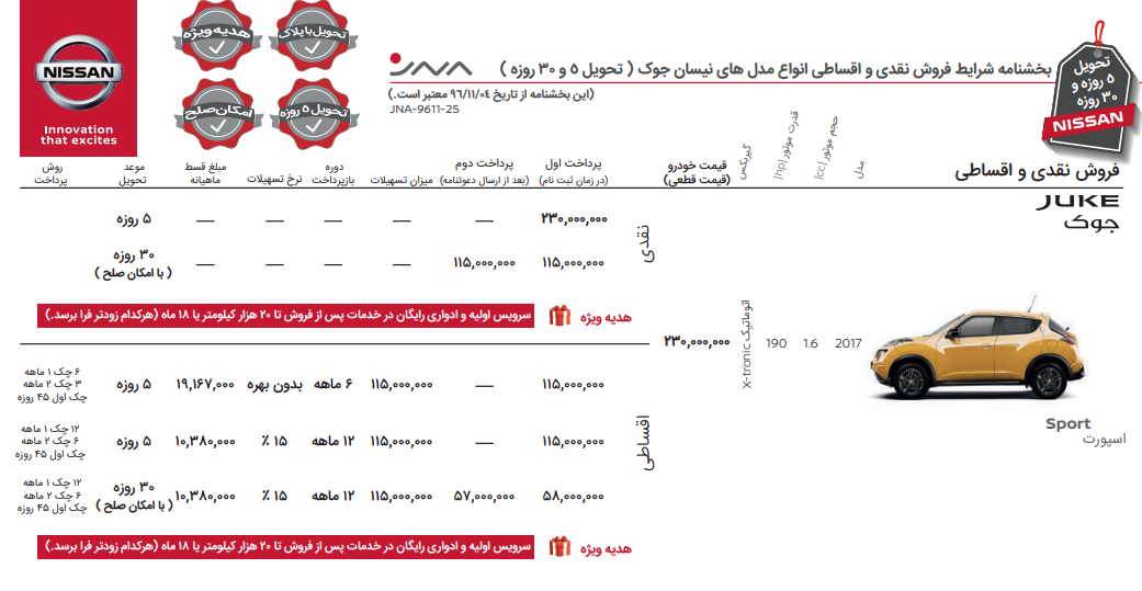 شرایط فروش نقدی و اقساطی نیسان جوک